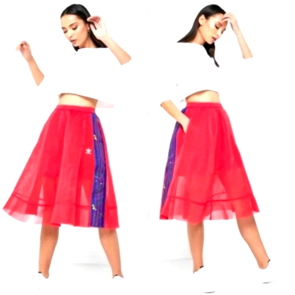 ADIDAS Pink Sheer Tulle Overlay Mesh 3 Blue Stripes Floral Embroidery Skirt EC S - Picture 2 of 16